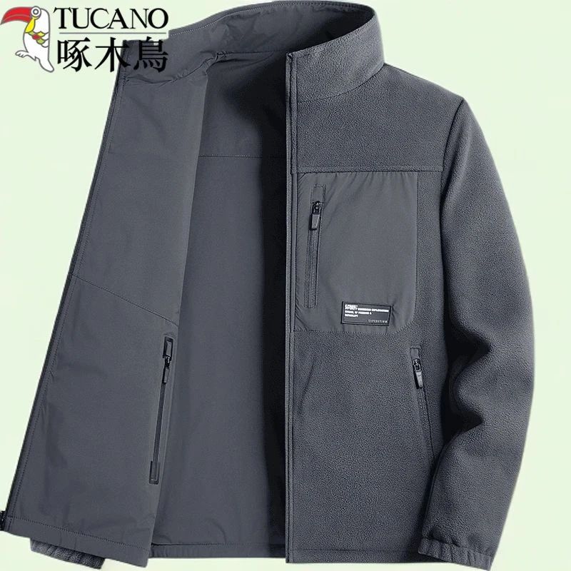 啄木鸟双面穿加绒夹克男秋冬季立领开衫上衣户外防风防泼水外套