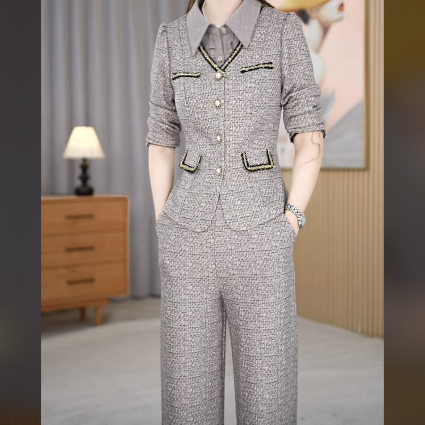 【上衣+裤子】2025秋冬季新款设计感气质减龄修身中长款两件套套裤