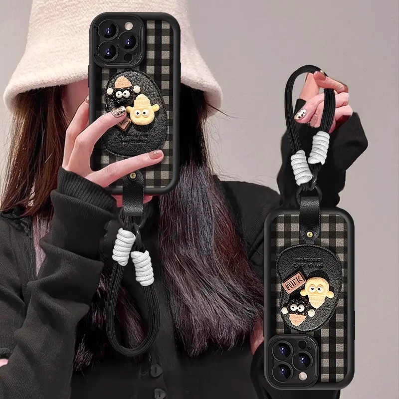 黑格纹适用苹果17promax手机壳iphone16简约15保护14天眼羊皮13