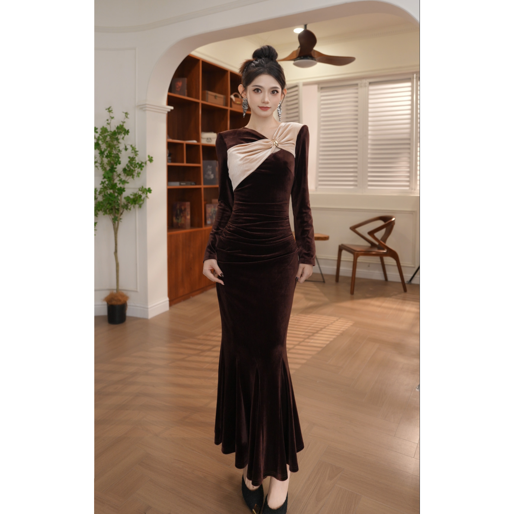 香见欢轻奢定制·时尚褶皱修身显瘦法式蝴蝶结连衣裙56085