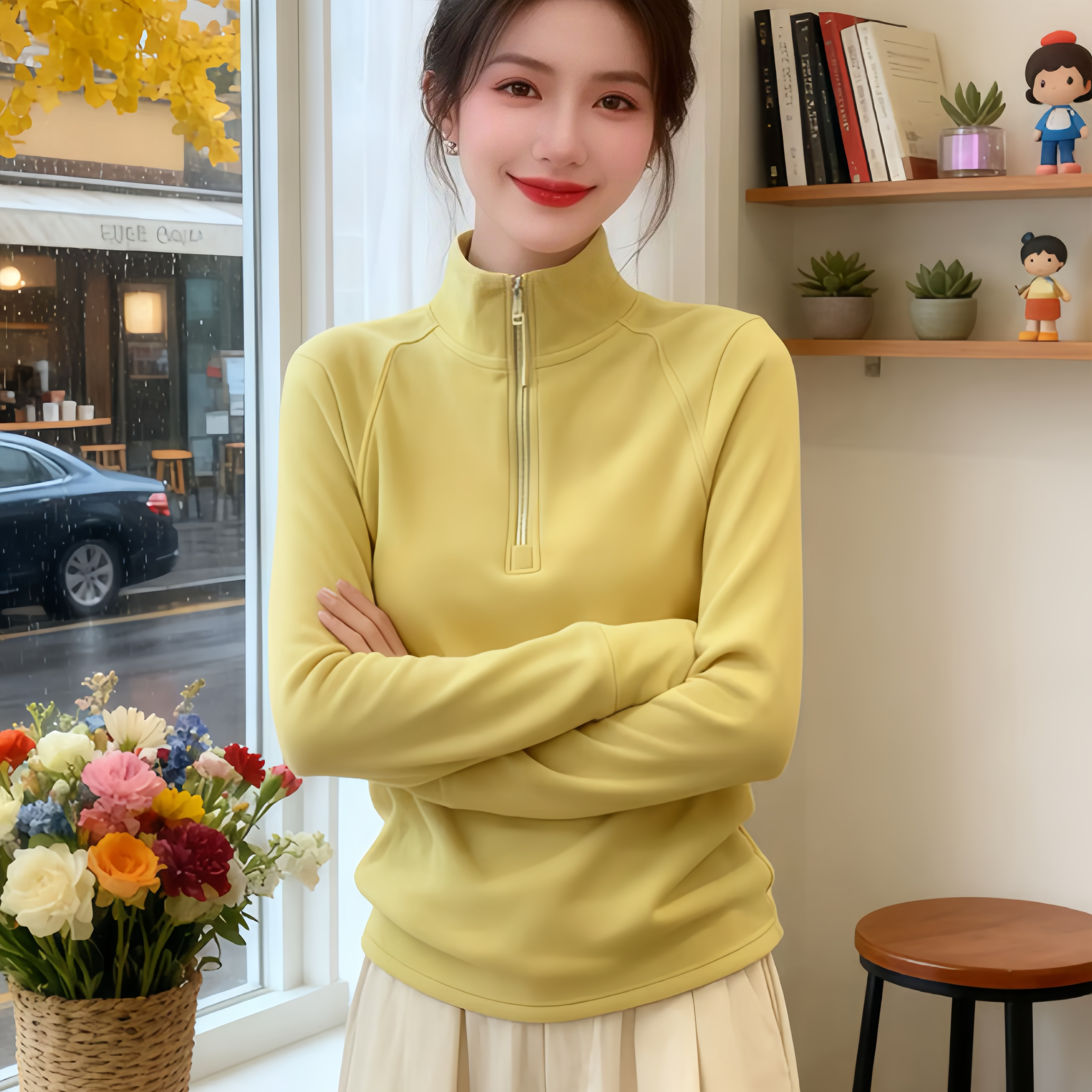 半拉链保暖长袖T恤女2025秋冬季潮流宽松百搭设计感德绒打底上衣