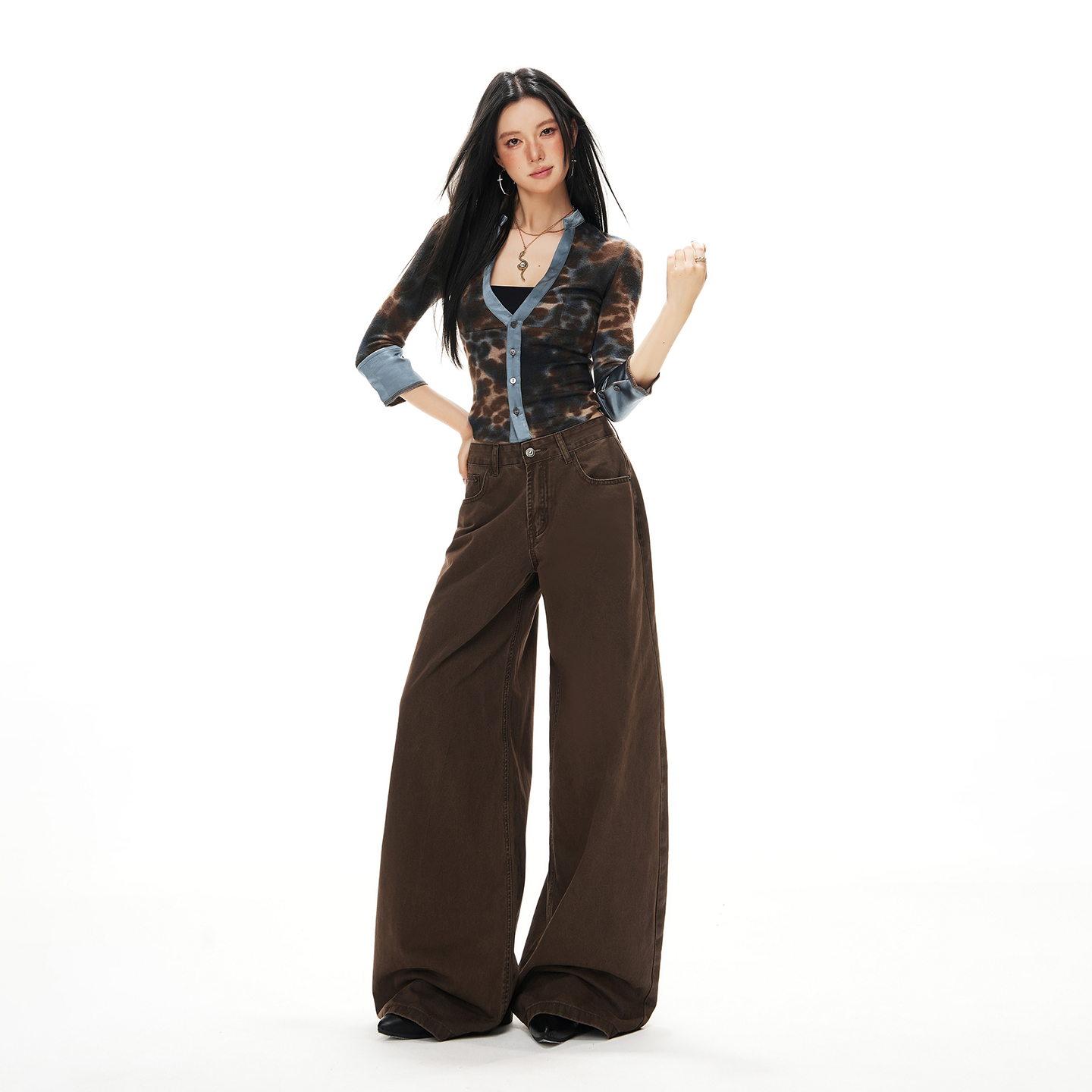 REDR卡其色高腰直筒牛仔裤女新款百搭宽松显瘦阔腿休闲裤子