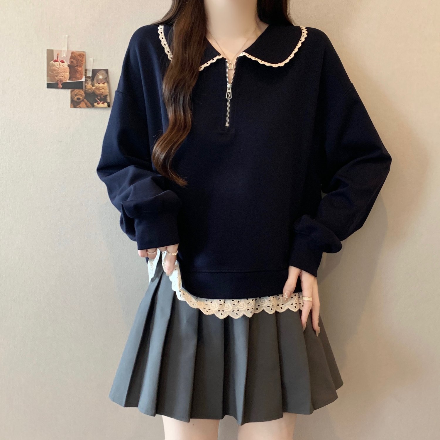 大码女装法式气质娃娃领正肩长袖卫衣女秋季胖MM蕾丝花边外穿上衣