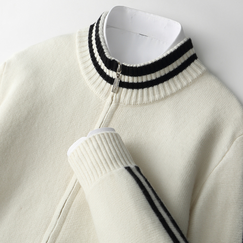 休闲款~秋冬90支100%羊毛七针双股加厚立领拼色开衫休闲羊毛外套S