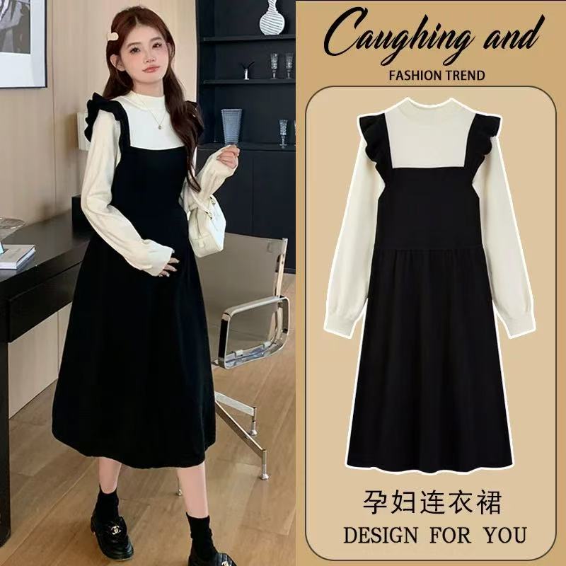 孕妇春装连衣裙2025新款小飞袖针织长裙秋冬款大码假两件春秋裙孕