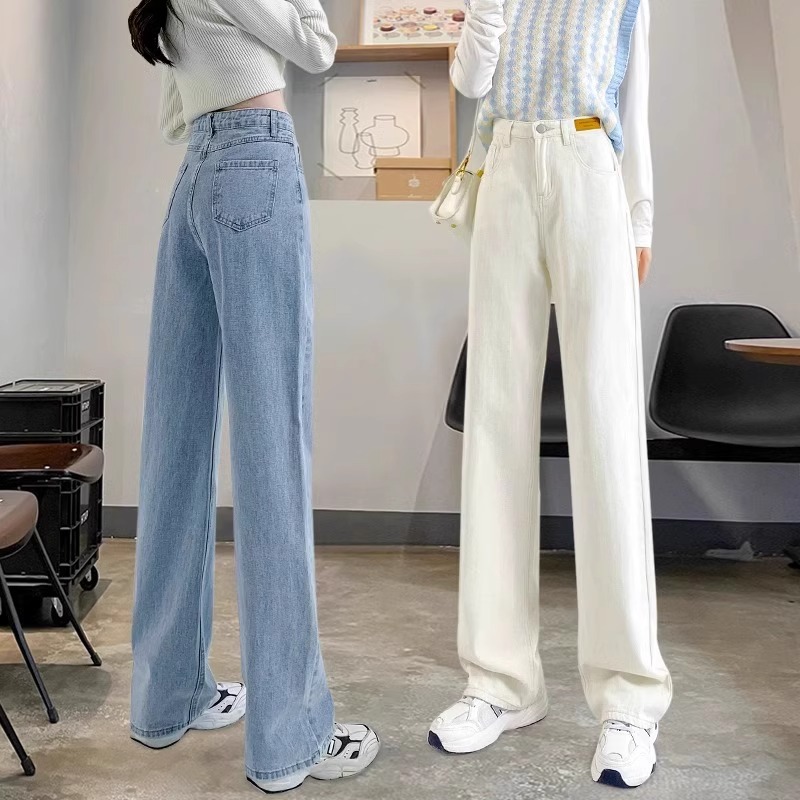 小个子垂感牛仔阔腿裤女显瘦2025春夏新款窄版高腰宽松拖地直筒裤