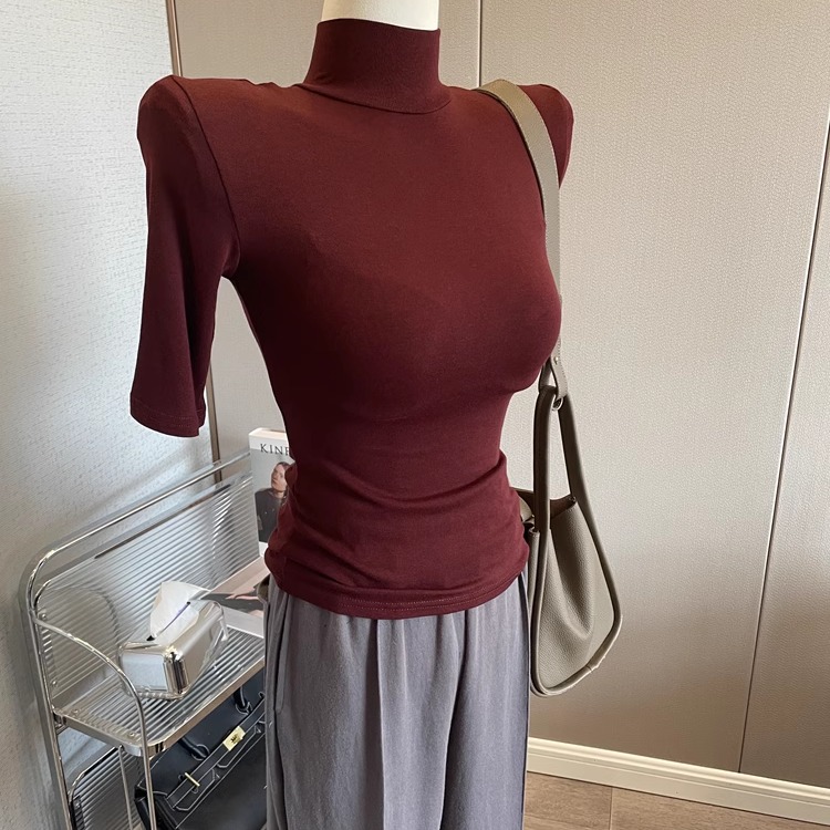 春季穿搭~洋气衣服半高领紧身五分袖T恤上衣女垫肩体恤内搭打底衫