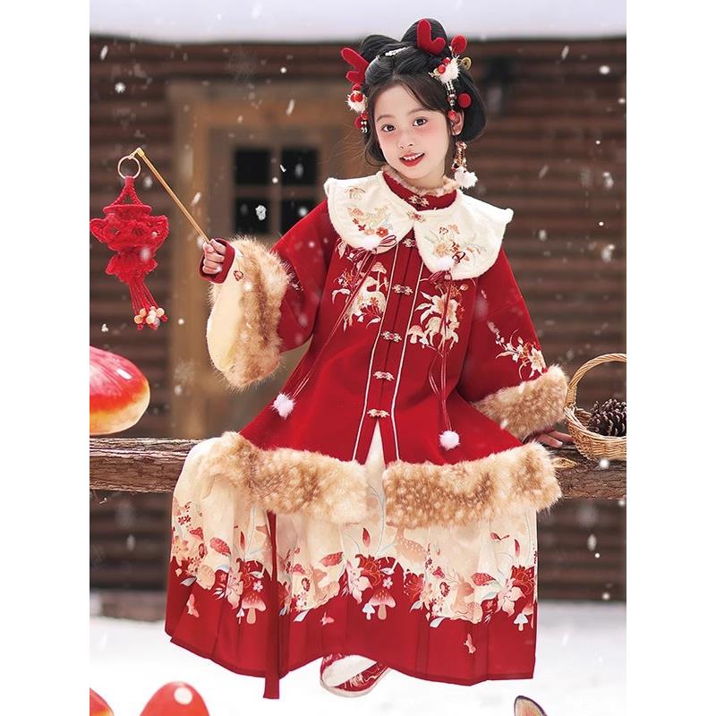 2025女童冬装儿童新款红色中国风马面裙套装小女孩新年喜庆拜年服