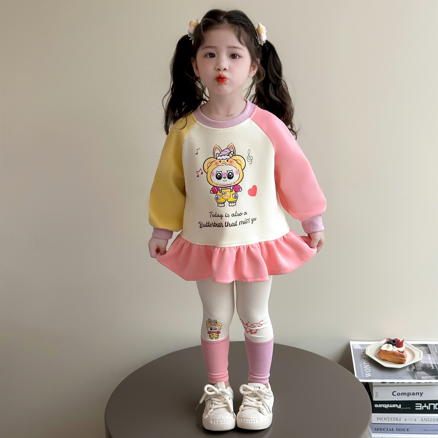 女童春秋装套装洋气儿童秋季卡通撞色卫衣打底裤两件套女宝宝时髦