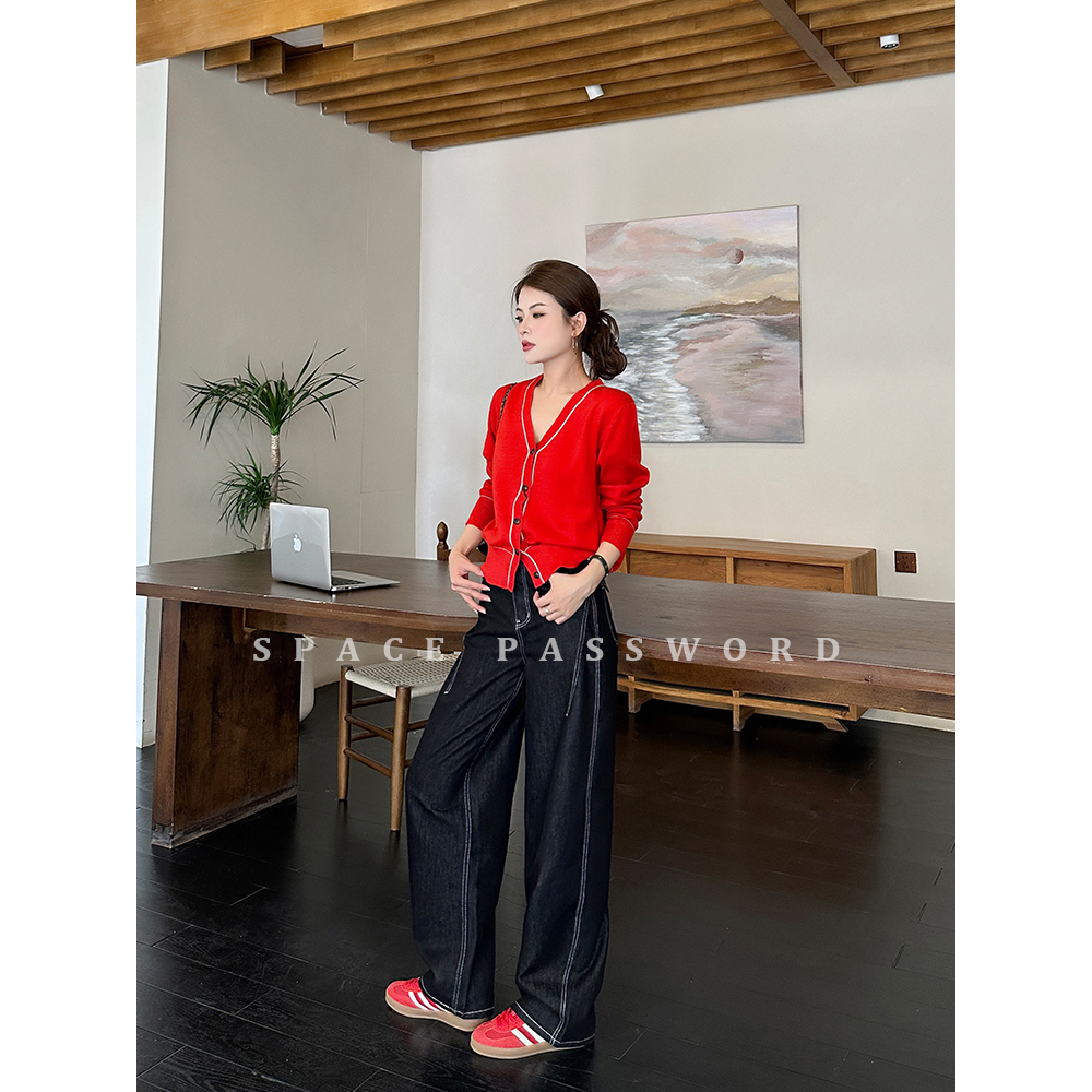 秋冬新款复古弯刀裤女款原牛黑阔腿牛仔裤宽松休闲百搭简约裤子女