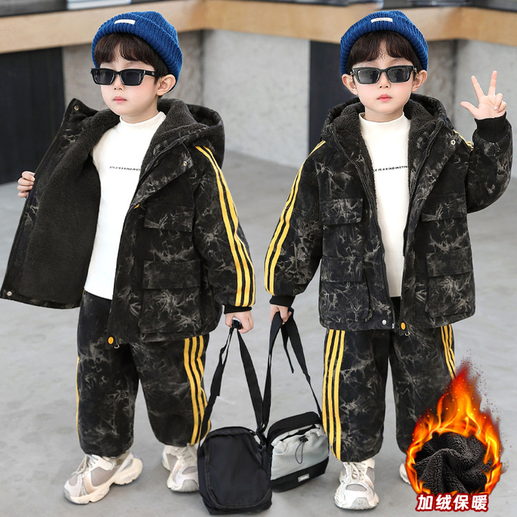男童迷彩休闲风秋冬季拉链套装加绒加厚款学生军训迷彩服儿童男