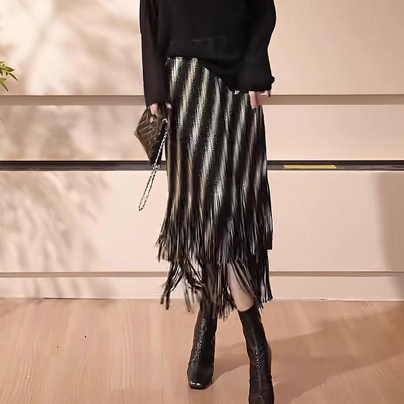 THEORY ERROR黑白条纹气质流苏半身裙设计感小众时髦气质女神中长