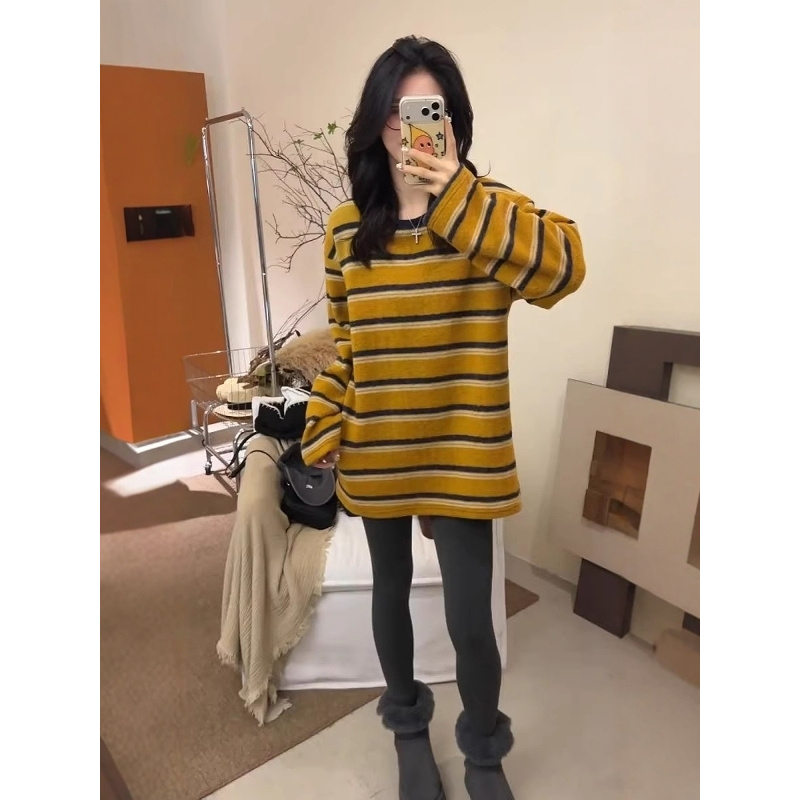 条纹撞色长袖T恤女秋冬新款大码胖mm遮肚子内搭打底衫中长款上衣