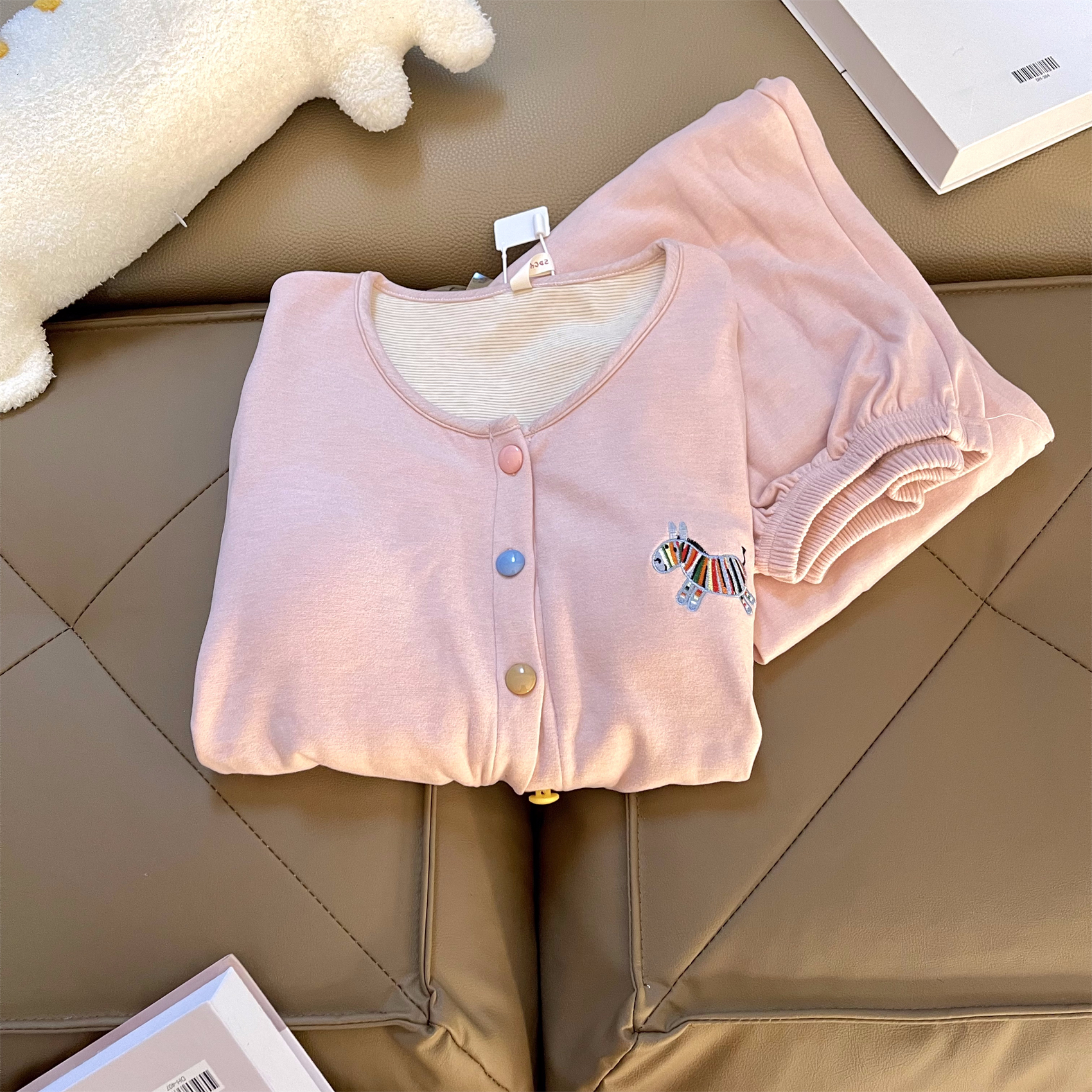 秋季保暖带胸垫睡衣女保暖长袖长裤两件套加厚加绒粉色少女学生款