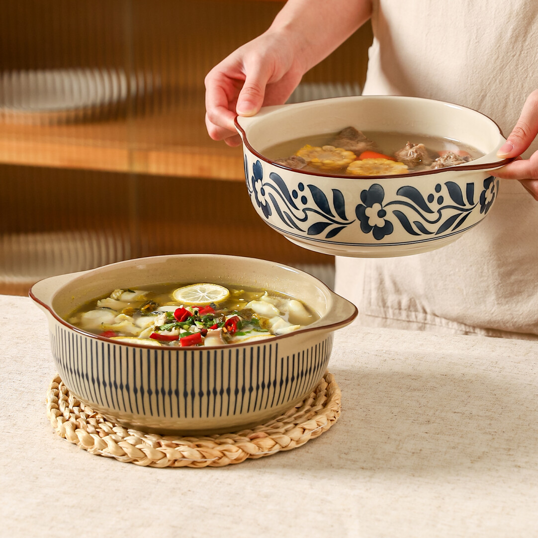 川岛屋双耳汤碗家用高级感大号碗日式陶瓷汤盆酸菜鱼大盆碗泡面碗