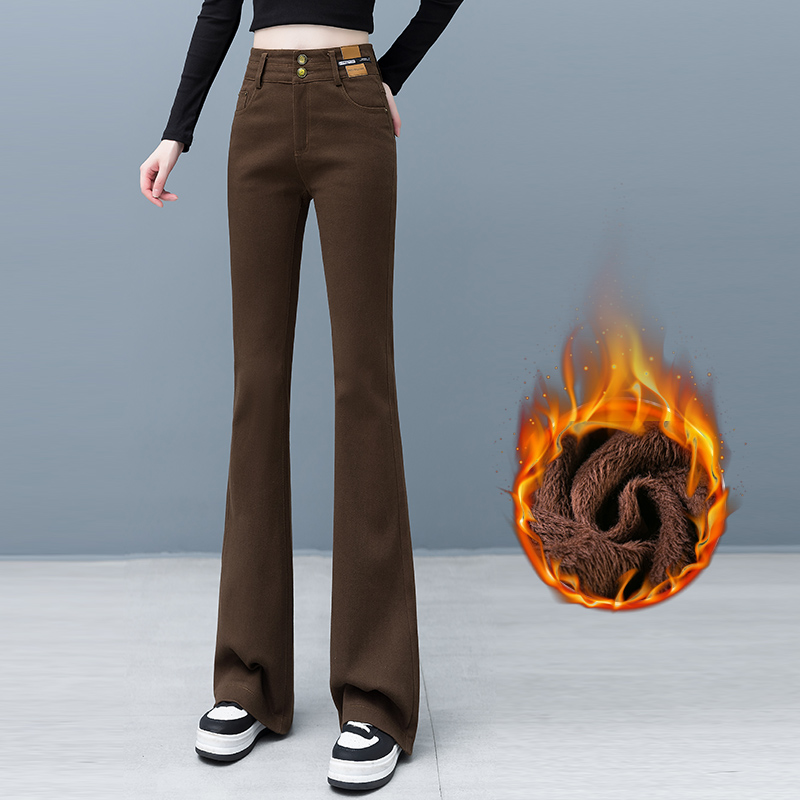 拉夏贝尔加绒微喇牛仔裤女秋冬2025年新款高腰喇叭修身咖色马蹄裤