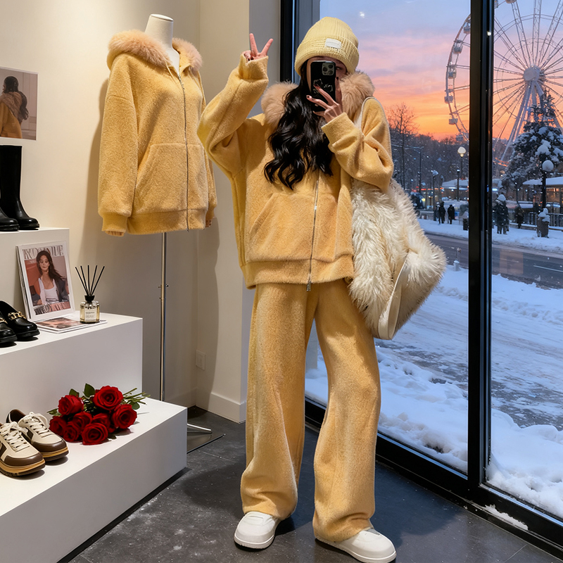 慵懒风毛领套装女2025年冬季爆款小个子软糯连帽外套阔腿裤两件套