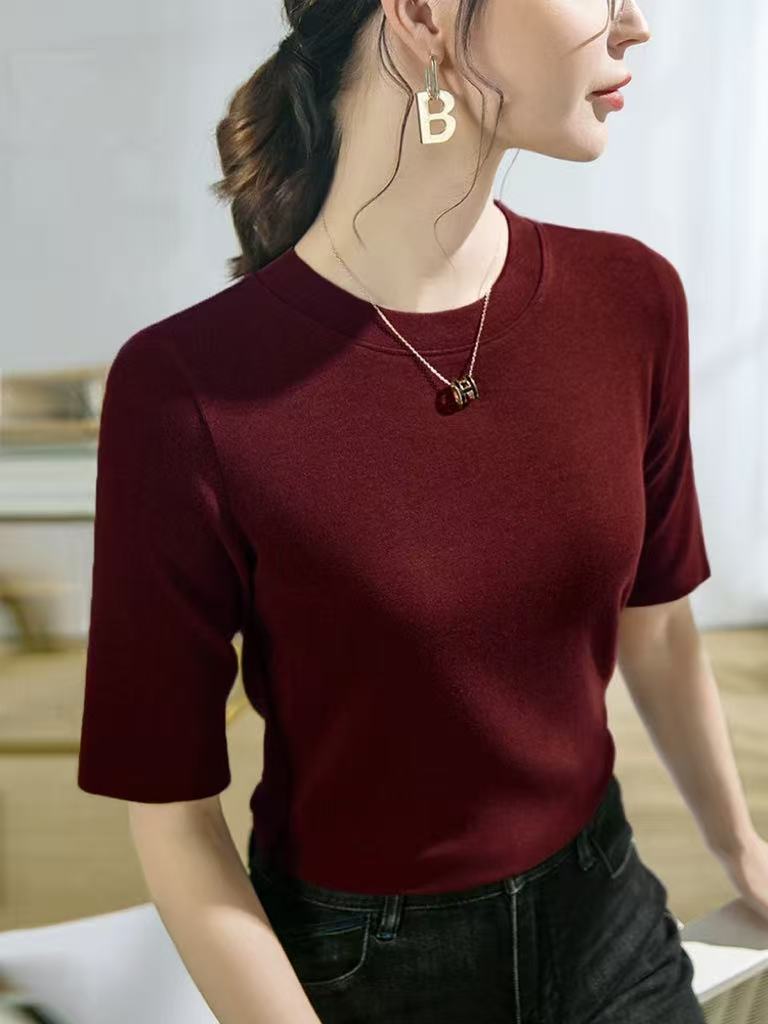 韩版秋季百搭正肩显瘦高弹力半高领五分袖打底衫