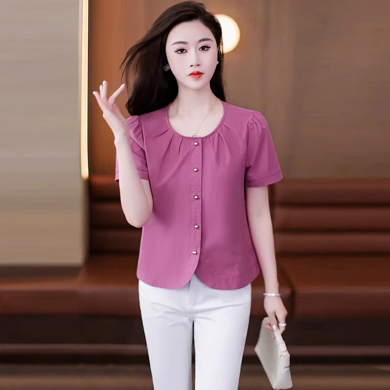 拉夏贝尔设计感短袖衬衫女夏季2025新款紫色洋气小衫短款女士上衣