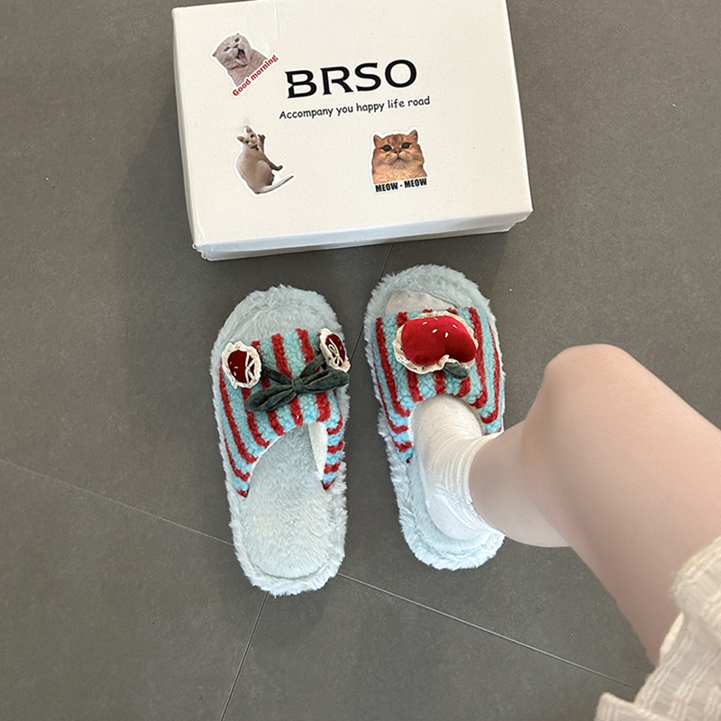 可爱卡通条纹殷桃配饰毛毛拖鞋女2025秋冬新款外穿居家棉拖鞋潮鞋