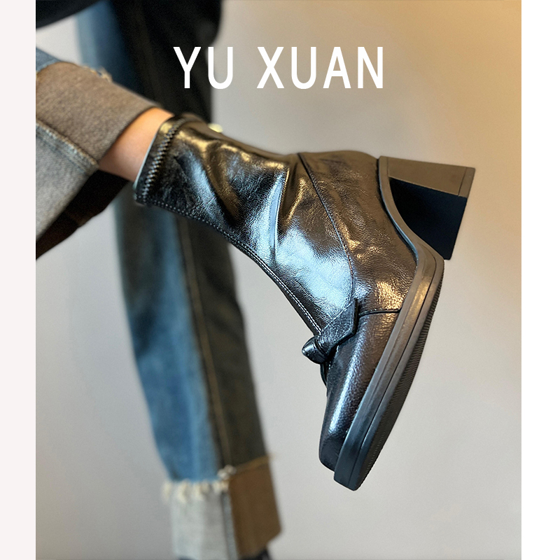 羊皮版~复古蝴蝶结高跟马丁靴女方头厚底气质粗跟短靴弹力瘦瘦靴