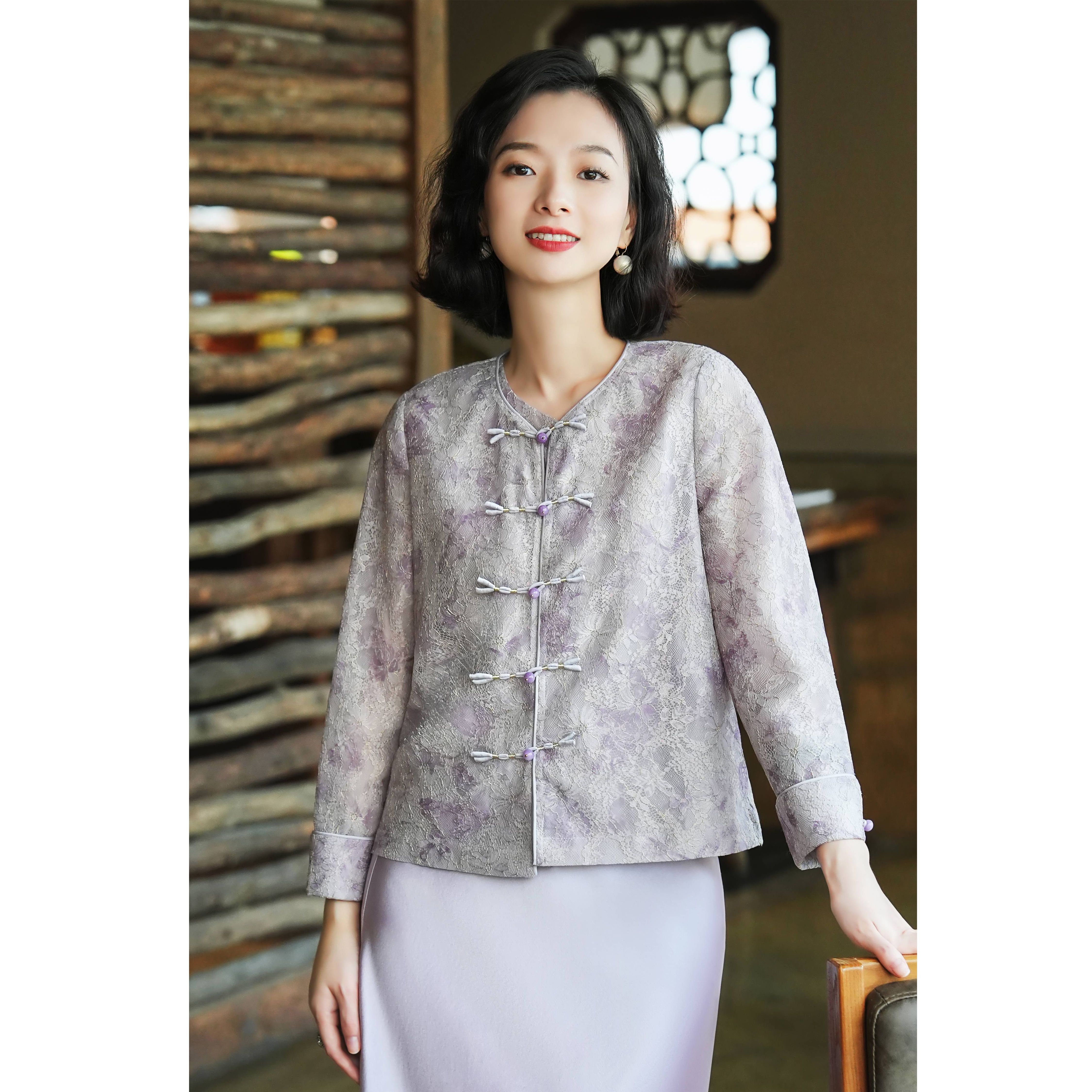 西子/【暮山紫】桑蚕丝炒色中式蕾丝盘扣开衫外套+国风马甲/TZLL299