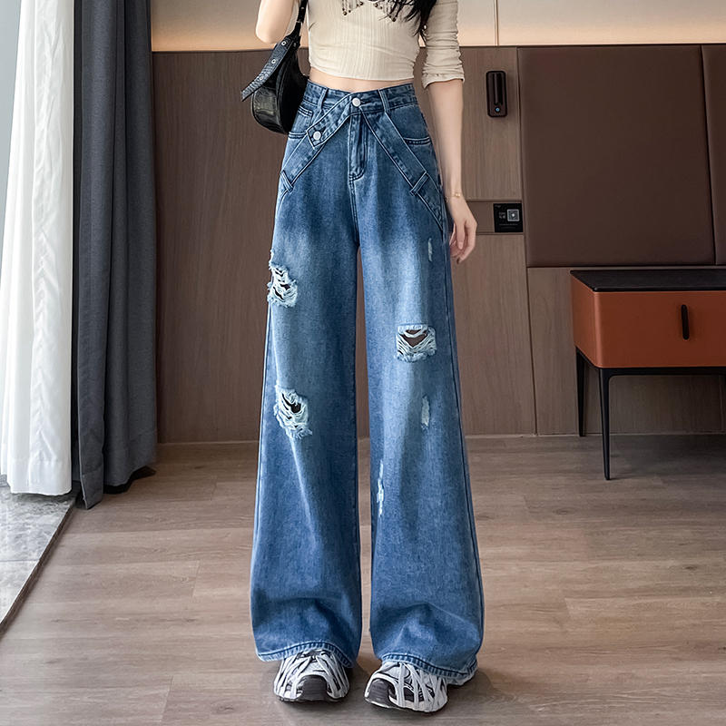 网红破洞个性牛仔裤女2025年夏季薄款高腰显瘦宽松阔腿牛仔裤