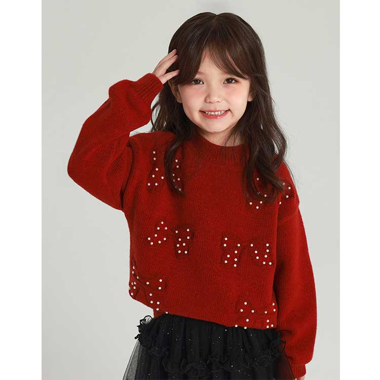 甜美风蝴蝶结刺绣女童毛衣2024秋冬新款儿童加厚针织毛衣珠珠点缀