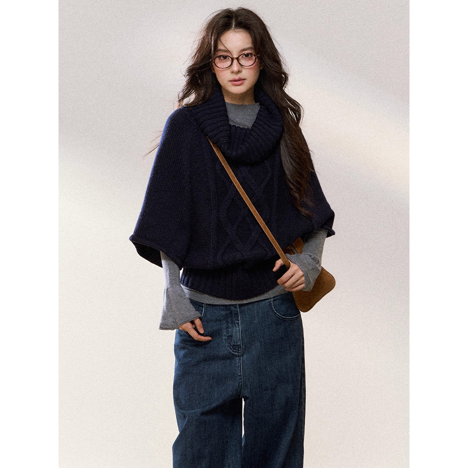 藏青色复古百搭堆堆领针织围脖女秋冬慵懒风套头宽松斗篷披肩上衣