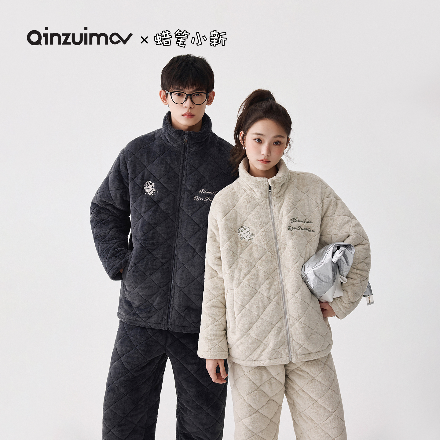 亲嘴猫【蜡笔小新】三层加厚暖暖绒情侣夹棉睡衣家居服套装H56661