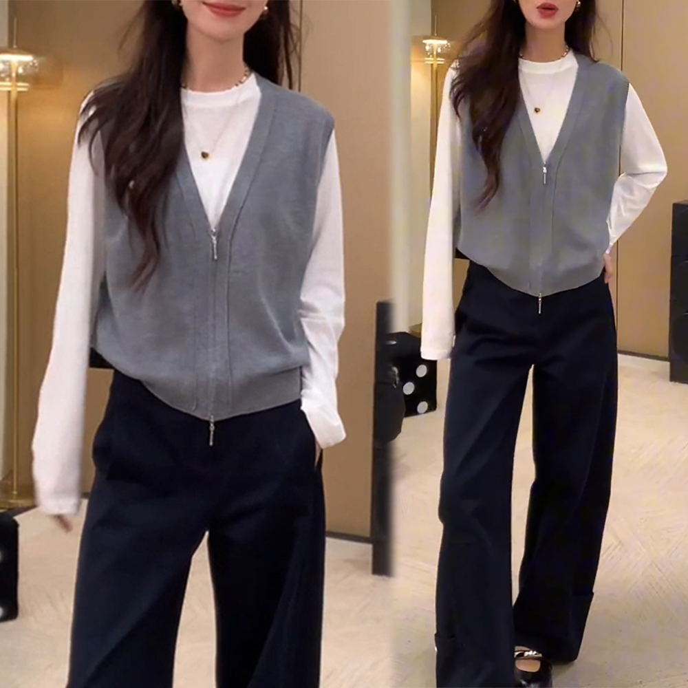 2025年秋季新款通勤风高级感时尚套装女纯色马甲搭长袖上衣两件套