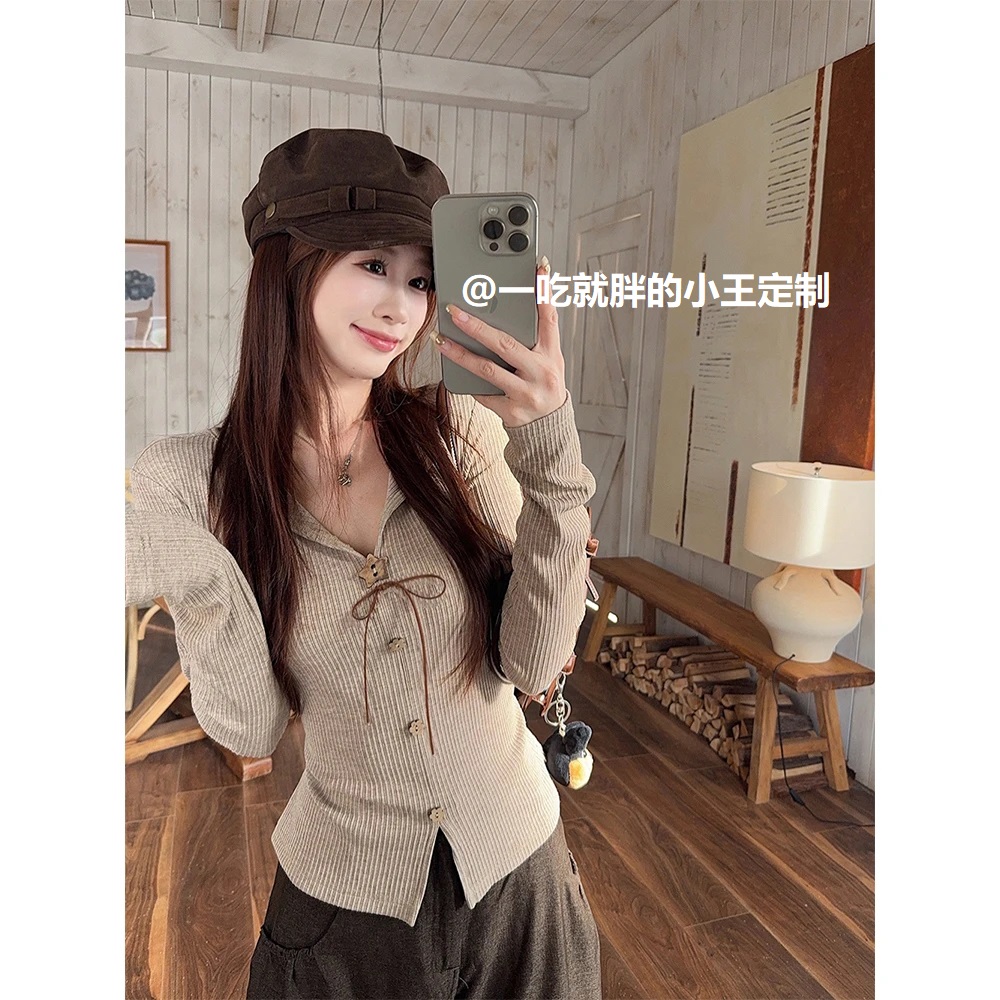 V领系带长袖常规纯欲蕾丝修身长袖女T恤秋冬胖妹妹大码收腰打底衫