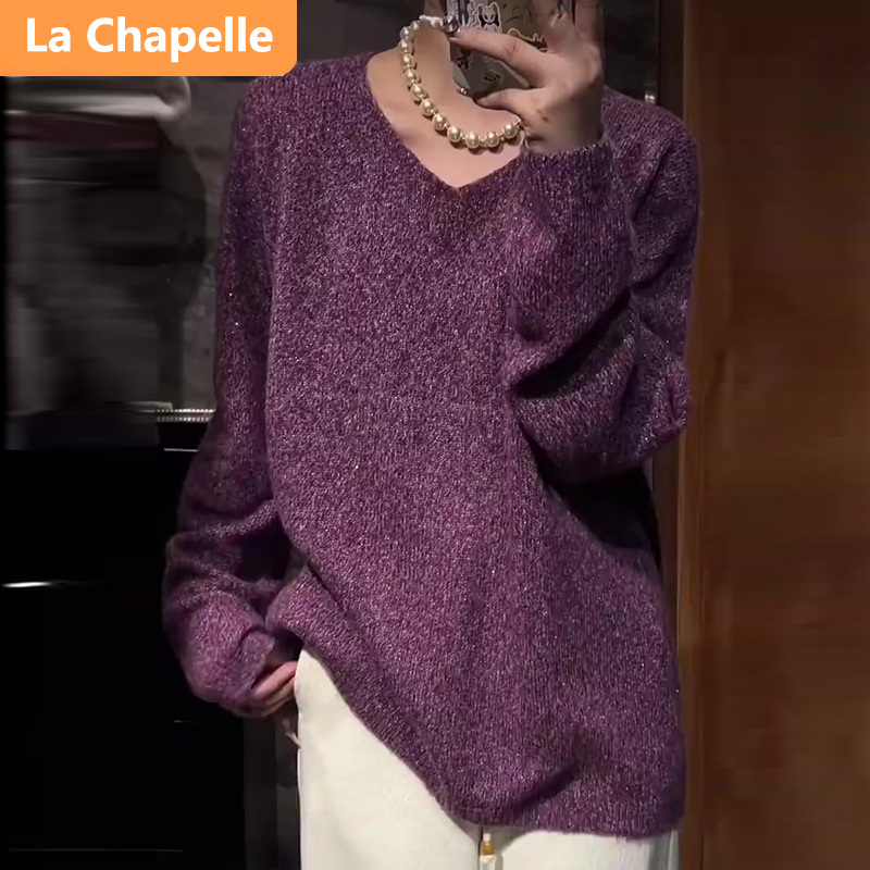 拉夏贝尔气质套头V领INS风纯色毛衣女秋冬时尚网红百搭针织衫宽松