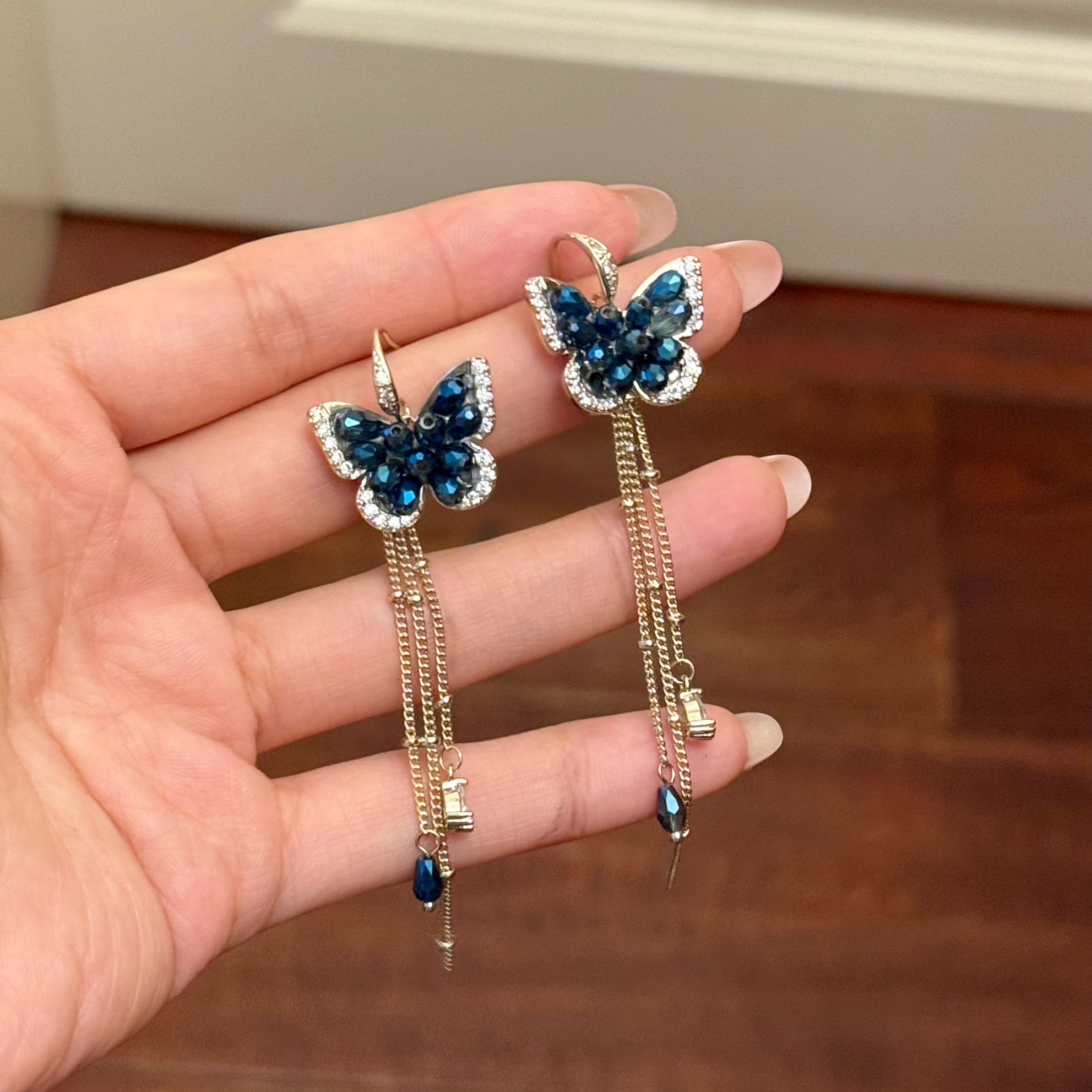 铜合金合成锆石耳饰 E0583 东大门手工蓝色蝴蝶流苏仙女女神耳环