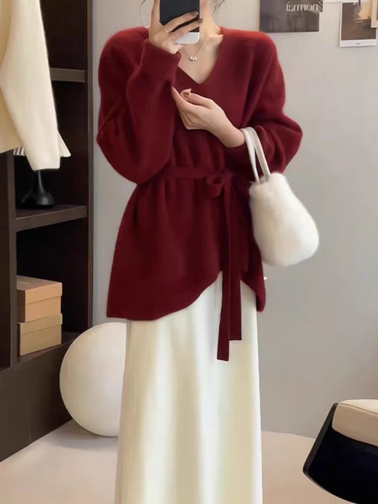 【颜颜专场】慵懒风V领系带长袖毛针织衫时尚宽松百搭显瘦气质女装