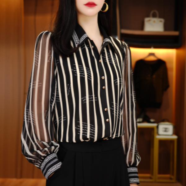 印花休闲衬衫条纹显瘦气质垂感妈妈衬衣宽松洋气长袖开衫上衣女装