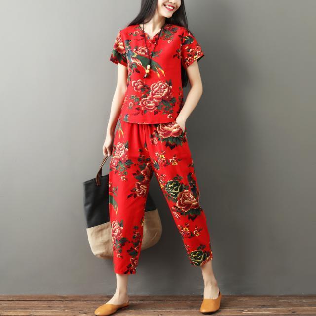 夏季新款民族风大码女装唐装棉麻短袖时尚休闲套装洋气妈妈两件套