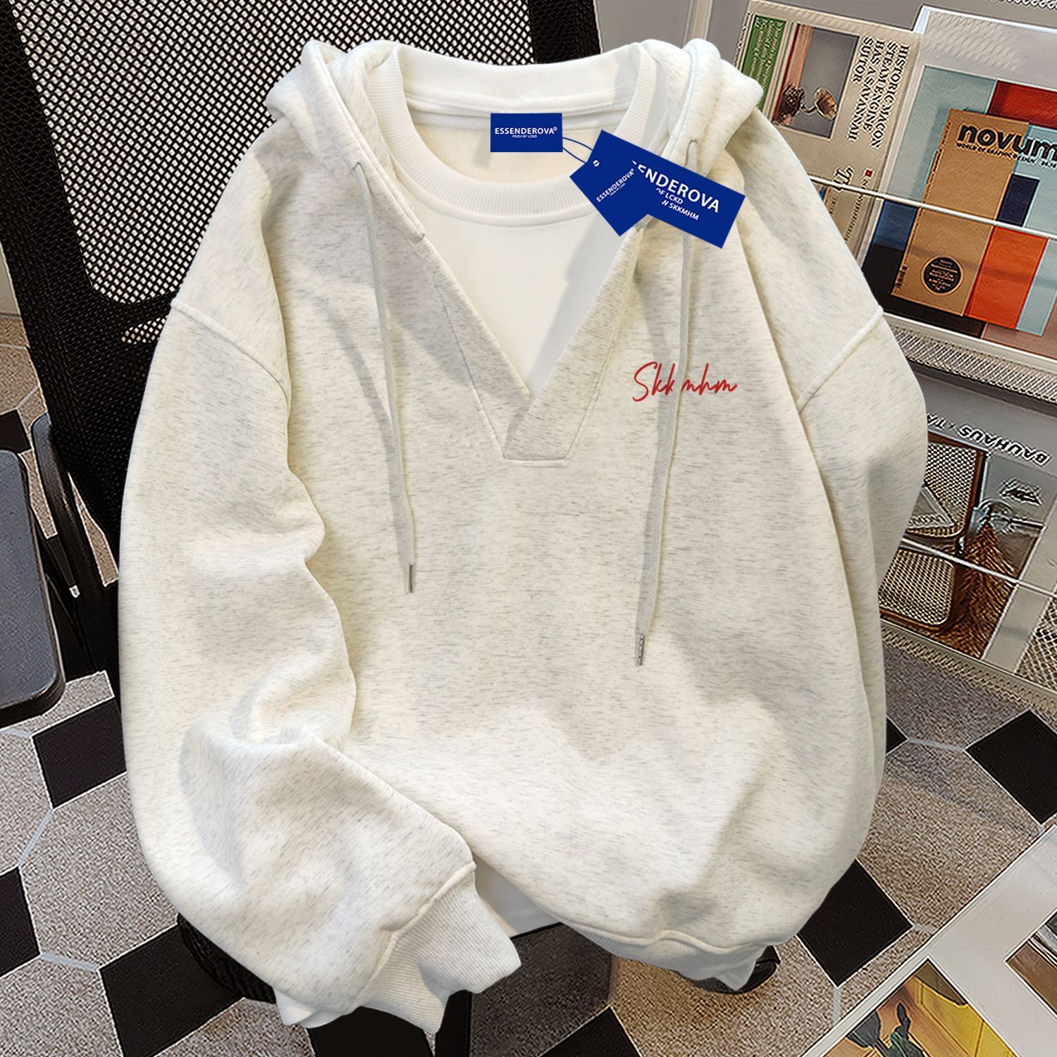 美式简约设计感小众假两件连帽卫衣男女秋冬季宽松显瘦加绒外套潮