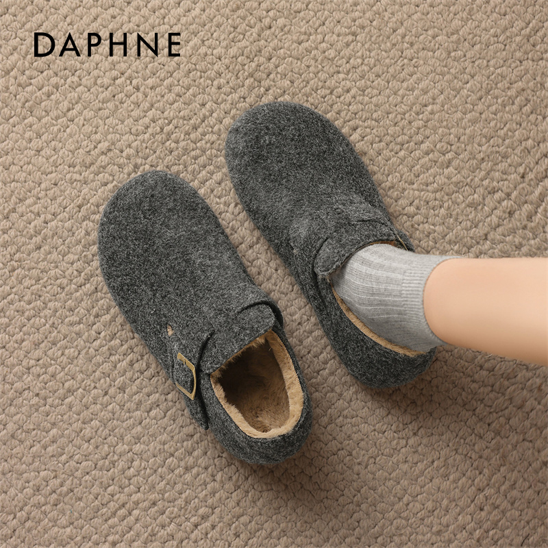 达芙妮灰色勃肯鞋女2025新款加绒加厚保暖棉鞋一脚蹬软底全包单鞋