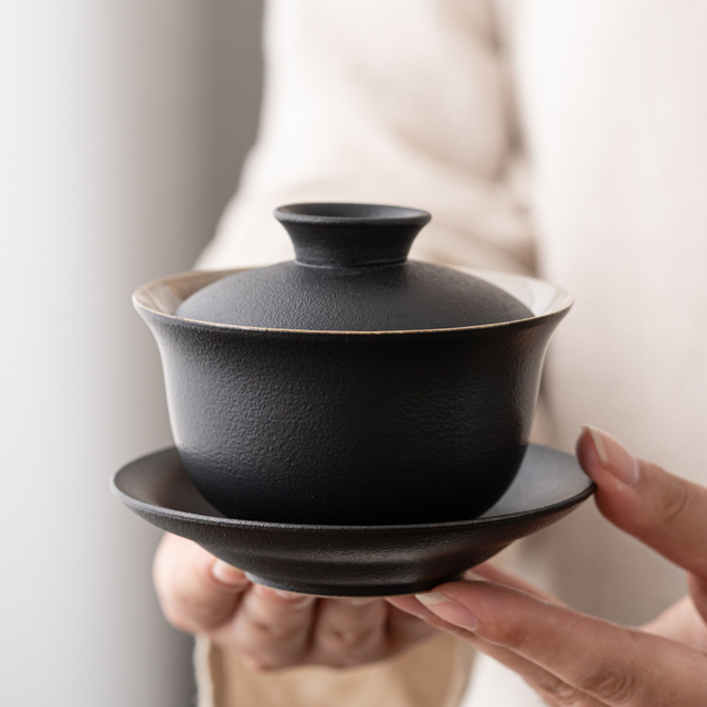 黑陶盖碗大号冲茶器家用三才碗粗陶盖碗泡茶杯陶瓷功夫茶茶具