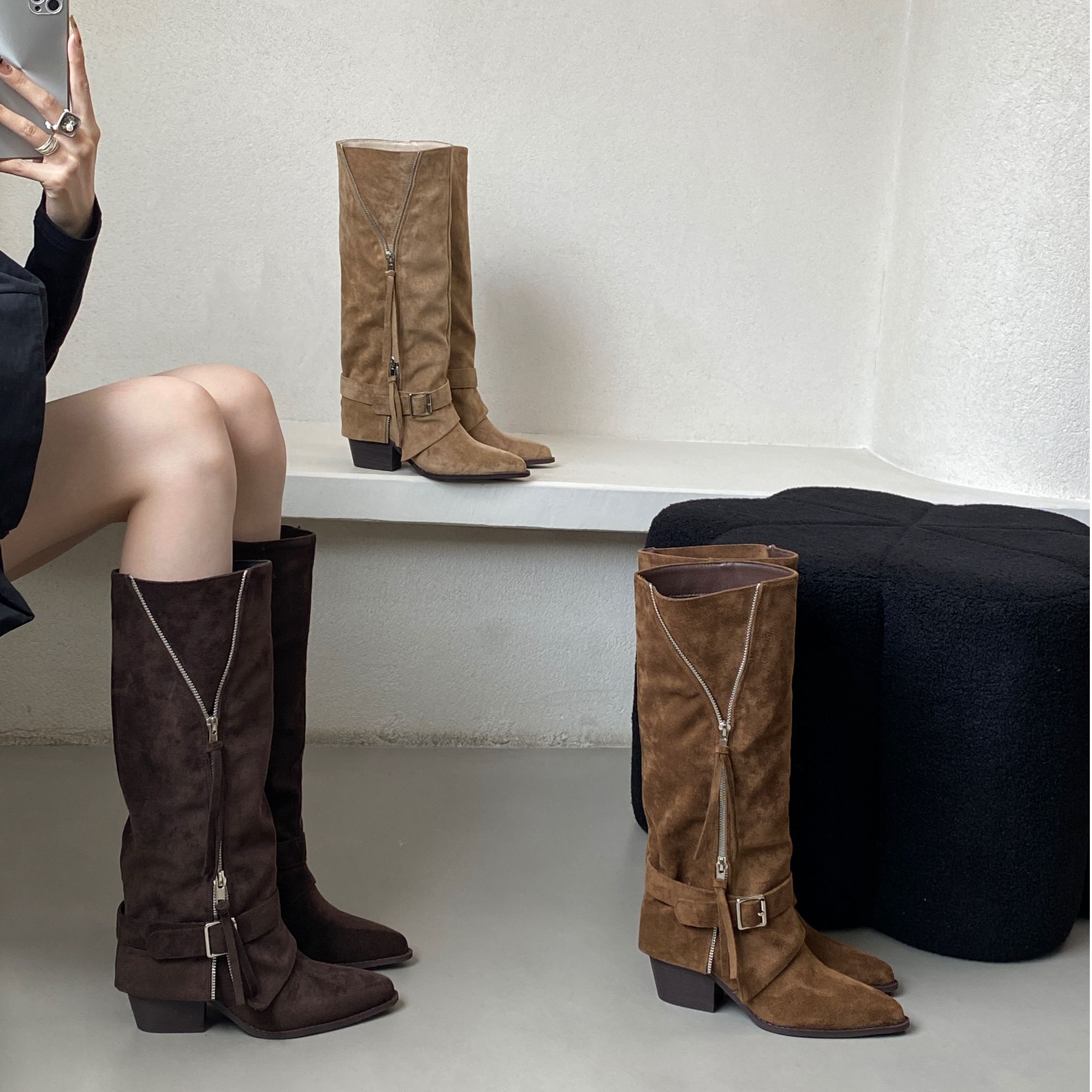 2025新款秋冬韩版小众设计复古法式粗跟尖头西部靴不过膝靴女靴子