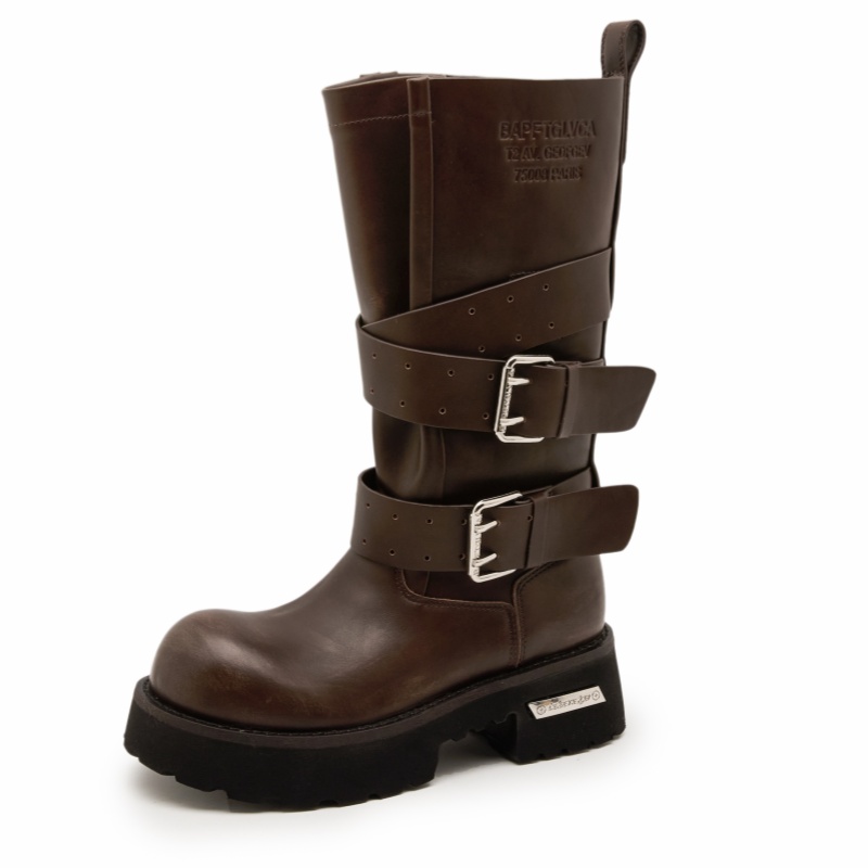 厚底马丁靴女时尚大头德比机车靴2025秋新款小众设计感中筒骑士靴