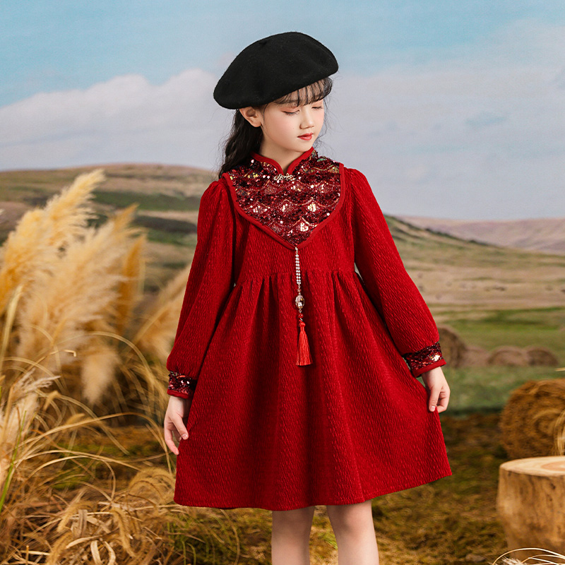 YeeHoO/英氏【断码】女童秋冬款加绒加厚拜年服雪尼尔连衣裙中大童