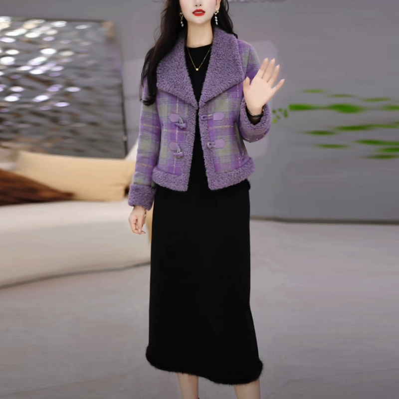 雪花绒加绒外套加连衣裙2025冬季新款气质时尚加厚保暖格子两件套