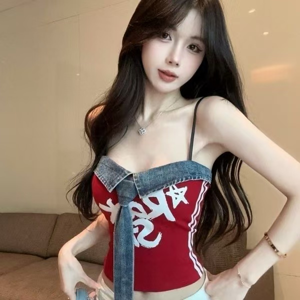 夏季辣妹风重工牛仔拼接字母吊带背心女新款美式复古显瘦T恤上衣