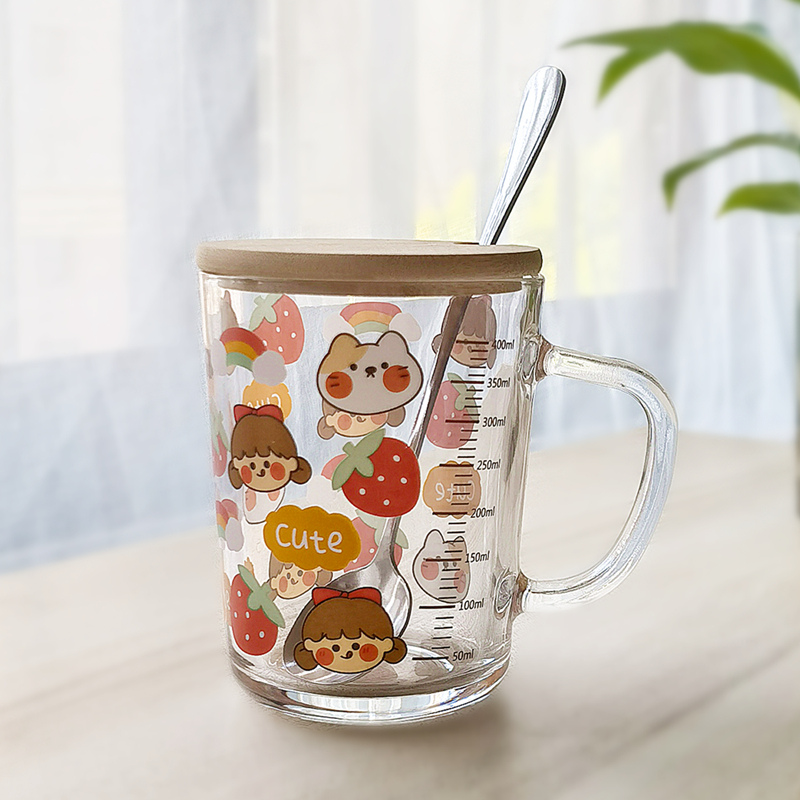 ins玻璃杯刻度吸管牛奶杯早餐杯子卡通加盖勺可爱印花学生喝水杯