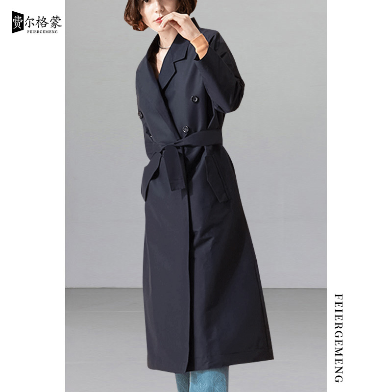 气质时尚藏蓝色外套女大衣春秋新款过膝百搭风衣军装老钱风女装