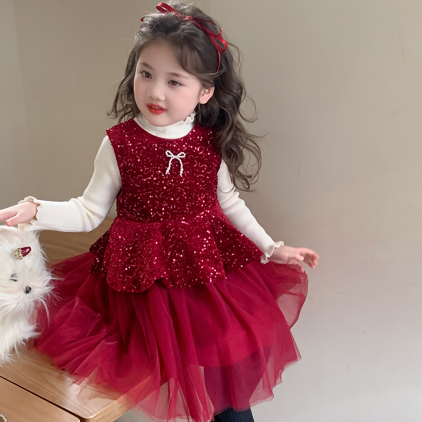 女童加绒连衣裙秋冬款儿童亮片公主裙洋气宝宝新年红色亮片背心裙