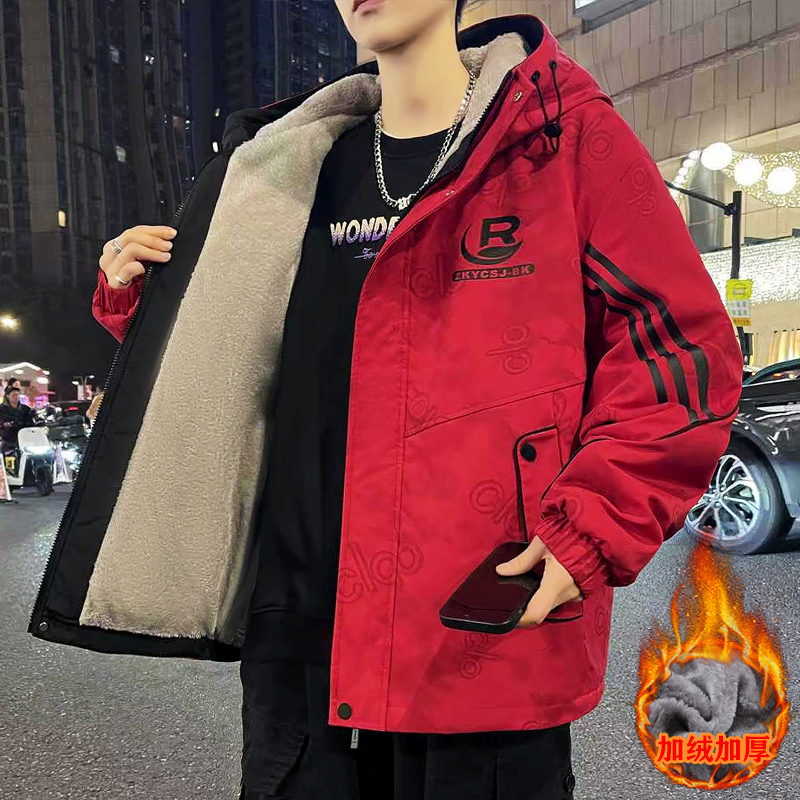 连帽外套男冬季新款潮牌美式休闲夹克男款加绒加厚户外防风冲锋衣