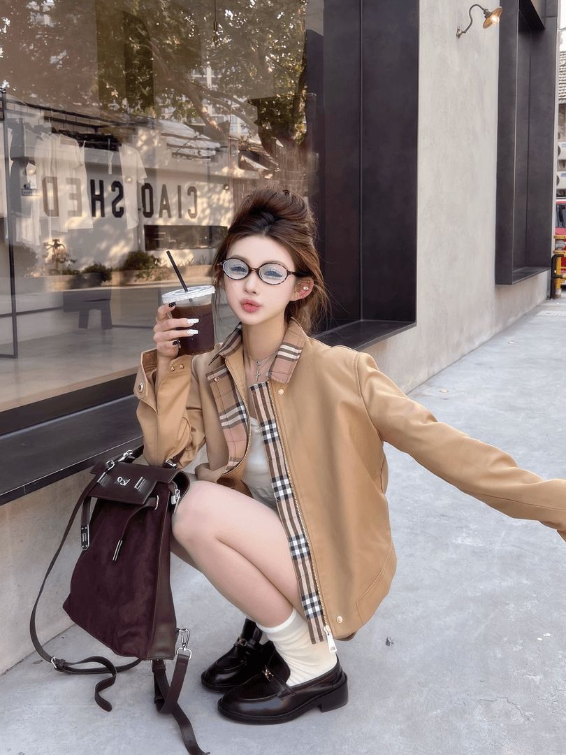 秋季复古卡其色外套女2025新款格子风衣夹克短款小个子上衣春秋款